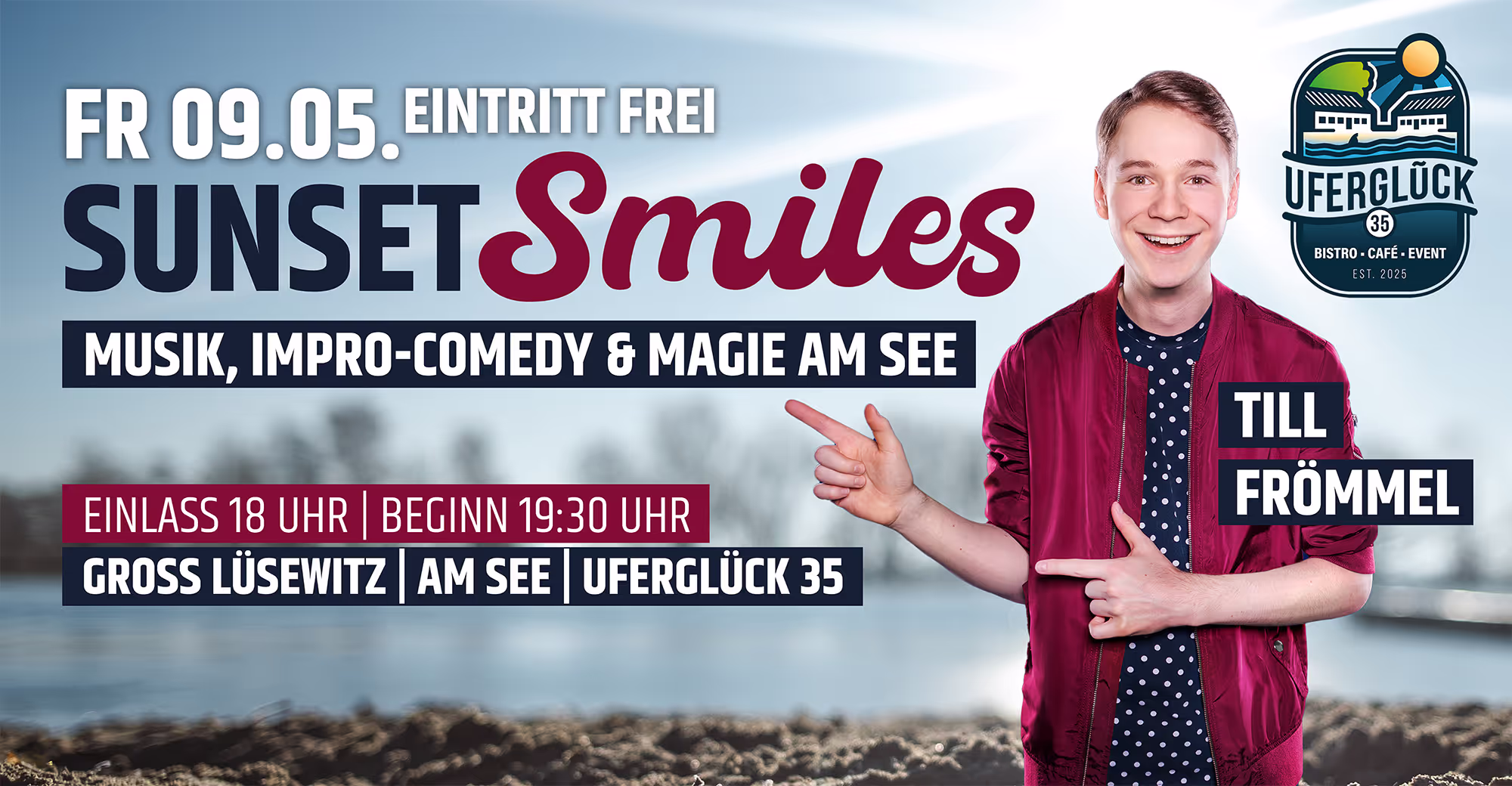 Sunset Smiles –Stand-Up-Comedy am See im Uferglück in Groß Lüsewitz - mit Till Frömmel am 9. Mai